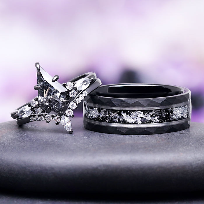 Starry Night® & Meteorite men's black tungsten wedding band paired with the Skye Kite® galaxy Herkimer diamond ring as a matching couples set by Aquamarise