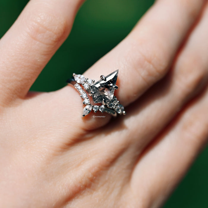 Skye Kite® Galaxy Herkimer Diamond & Meteorite Couples Ring Set by Aquamarise featuring a unique kite-shaped Herkimer diamond with meteorite and diamond accents in a black finish band.