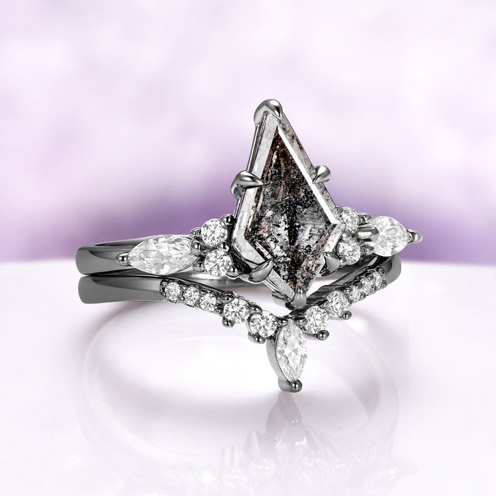 Skye Kite® Galaxy Herkimer Diamond & Meteorite Couples Ring Set showcasing a black ruthenium finish, geometric herkimer diamond center, and sparkling white accent stones by Aquamarise.