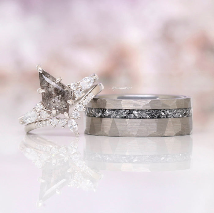 Skye Kite® Natural Herkimer Diamond Engagement Ring Set in 14K White Gold (Salt & Pepper Diamond) by Aquamarise Gold, featuring a kite-cut diamond and textured band with black diamond inlay.