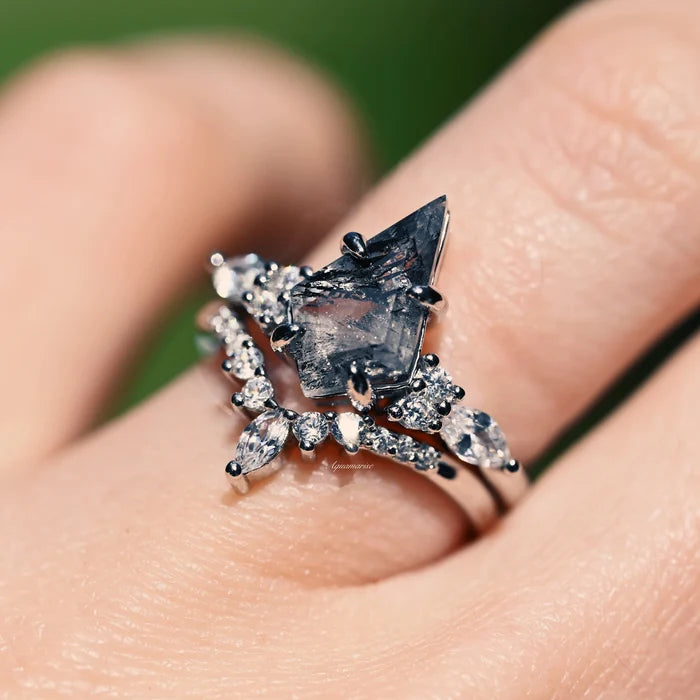 Skye Kite® Natural Herkimer Diamond Engagement Ring Set in 14K White Gold (Salt & Pepper Diamond) by Aquamarise Gold, featuring a kite-cut diamond with marquise and round accents on hand.