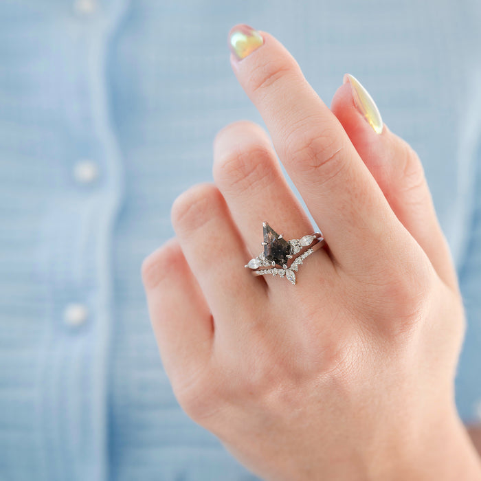 Skye Kite® Natural Herkimer Diamond Engagement Ring Set in 14K White Gold (Salt & Pepper Diamond) by Aquamarise Gold, featuring a unique salt and pepper diamond on a delicate band.