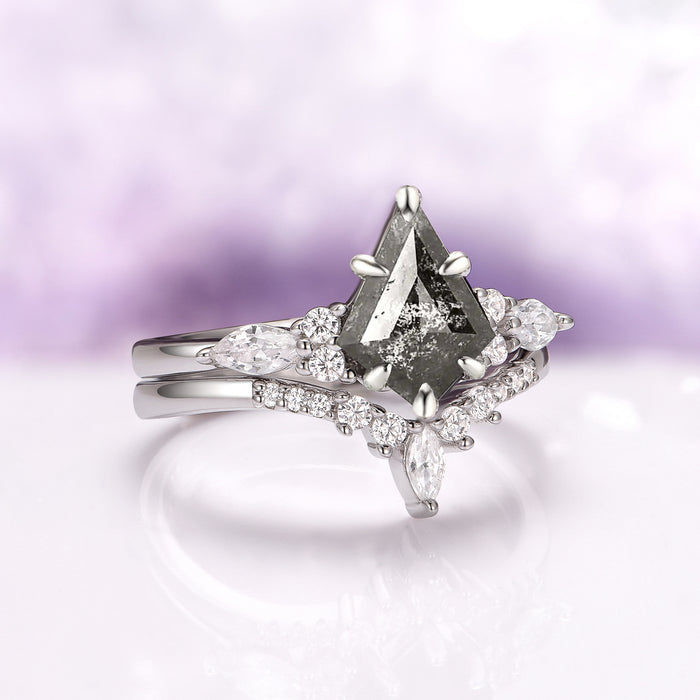 Skye Kite® Natural Herkimer Diamond Engagement Ring Set in 14K White Gold (Salt & Pepper Diamond) by Aquamarise Gold, featuring a kite-cut diamond with marquise and round accent stones.
