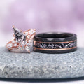 Skye Kite® Natural Herkimer Diamond Engagement Ring Set in 14K Solid Rose Gold by Aquamarise Gold, featuring a kite-cut Herkimer diamond with diamond accents and a complementary men’s ring.