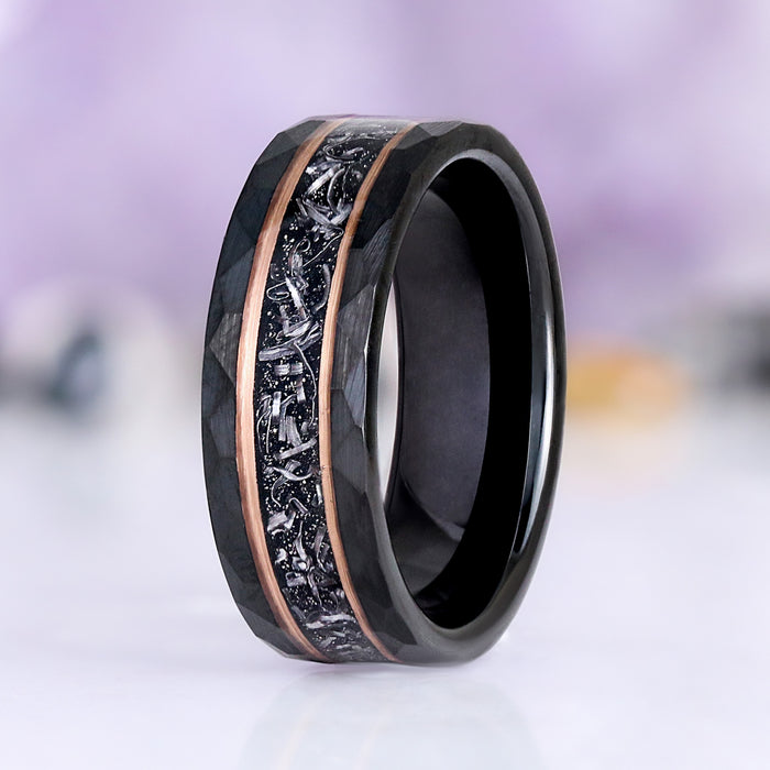 Skye Kite® Galaxy Salt & Pepper (Herkimer) Diamond & Meteorite Couples Ring Set featuring black tungsten carbide with textured meteorite and rose gold vermeil accents by Aquamarise.