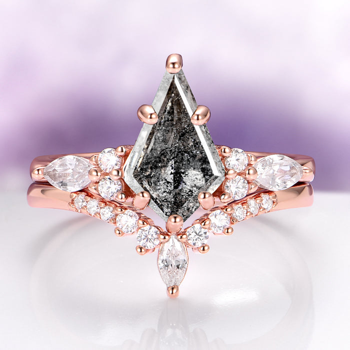 Skye Kite® Natural Herkimer Diamond Engagement Ring Set in 14K Solid Rose Gold by Aquamarise Gold featuring a kite-cut Herkimer diamond with pear and round accent stones in rose gold.