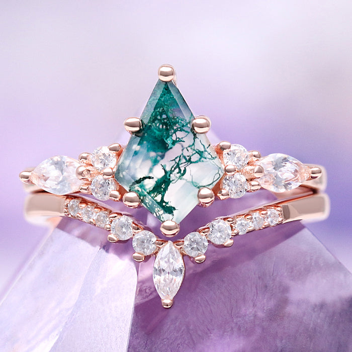 Skye Kite® Green Moss Agate Couples Ring Set featuring a unique green moss agate center stone with rose gold and sparkling white gemstone accents by Aquamarise.