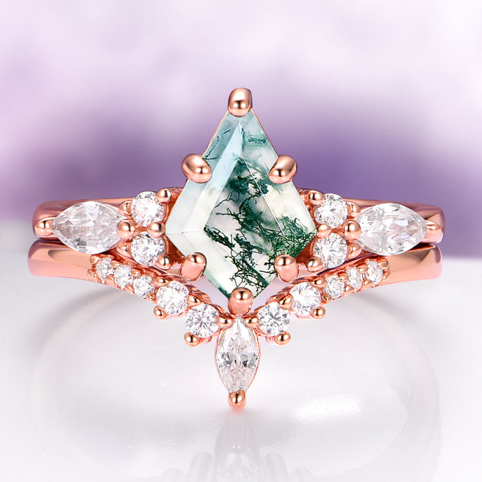 Skye Kite® Green Moss Agate Couples Ring Set featuring a rose gold band with a marquise moss agate center stone and sparkling diamond accents by Aquamarise.