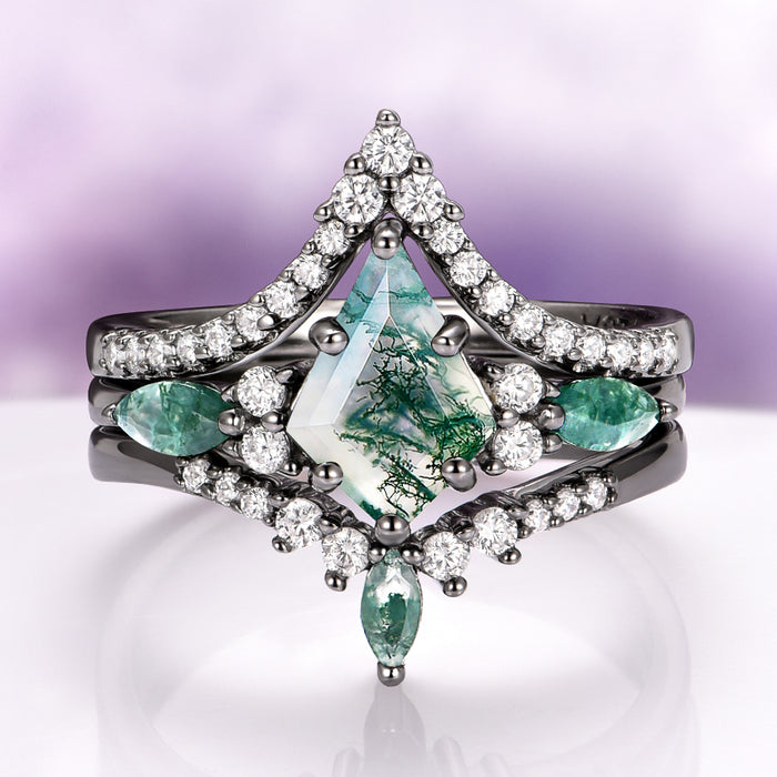 Skye Kite® Green Moss Agate Engagement Ring Set in Black Ruthenium (3-piece) by Aquamarise featuring a unique kite-cut moss agate centerpiece with green inclusions, surrounded by sparkling white stones in a black ruthenium setting, part of Nature-Inspired and Alternative Engagement Rings collections.