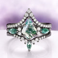Skye Kite® Green Moss Agate Engagement Ring Set in Black Ruthenium (3-piece) by Aquamarise featuring a unique kite-cut moss agate centerpiece with green inclusions, surrounded by sparkling white stones in a black ruthenium setting, part of Nature-Inspired and Alternative Engagement Rings collections.