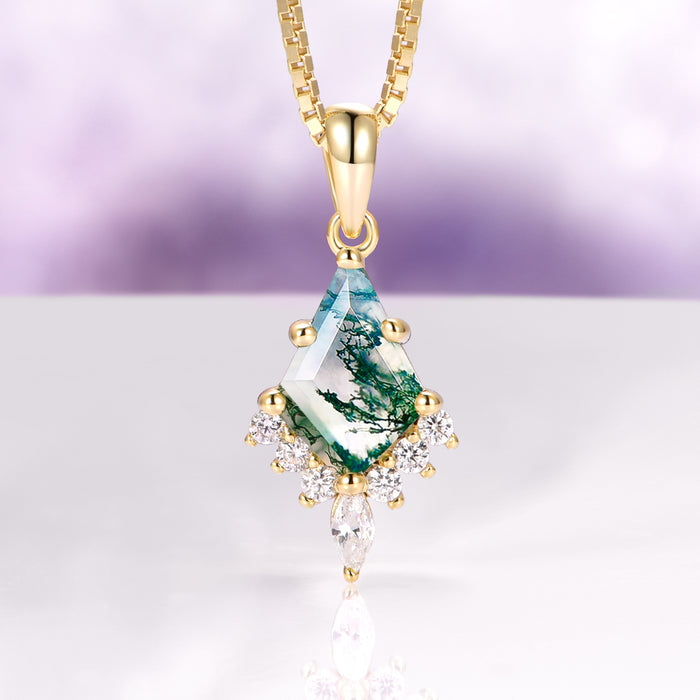 Skye Kite® Green Moss Agate Necklace in 14K Yellow Gold Vermeil by Aquamarise, featuring a kite-cut moss agate pendant with sparkling white gemstone accents on a gold vermeil chain.