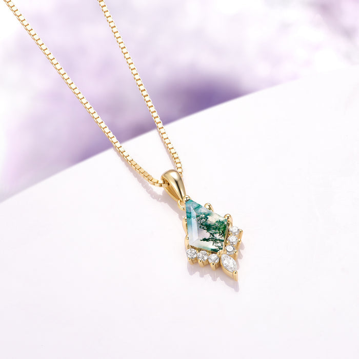 Skye Kite® Green Moss Agate Necklace in 14K Yellow Gold Vermeil with a kite-shaped moss agate pendant accented by white gemstones on a delicate gold vermeil chain by Aquamarise.