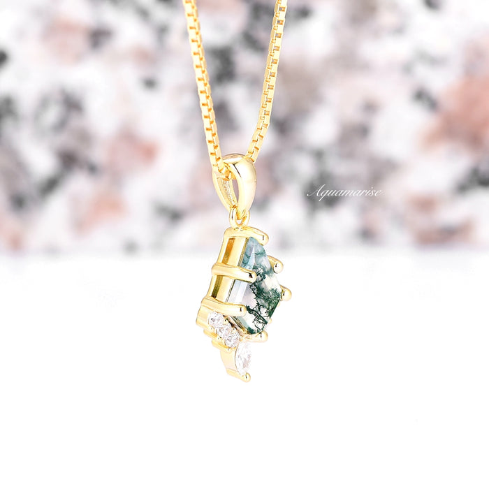 Skye Kite® Green Moss Agate Necklace in 14K Yellow Gold Vermeil by Aquamarise with a unique green moss agate pendant accented by white gemstones on an elegant gold vermeil chain.