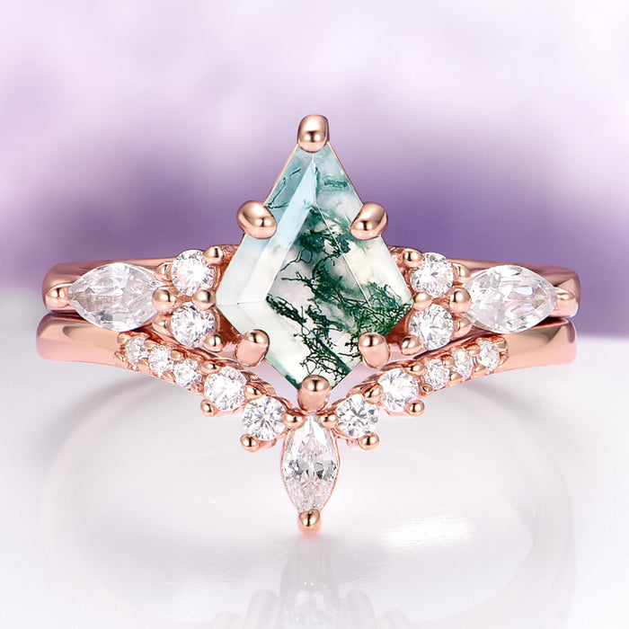 Skye Kite® Green Moss Agate Engagement Ring Set in 14K Solid Rose Gold by Aquamarise Gold, featuring a kite-shaped moss agate center with sparkling accent stones on delicate rose gold bands.