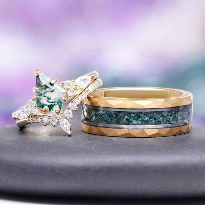 Skye Kite® Green Moss Agate Ring Set in 14K Yellow Gold Vermeil by Aquamarise, featuring vintage-inspired kite cut moss agate with gold vermeil and diamond accents.