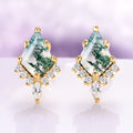 Skye Kite® Green Moss Agate Stud Earrings in 14K Yellow Gold Vermeil featuring moss agate stones accented with sparkling clear gems, elegantly crafted by Aquamarise.