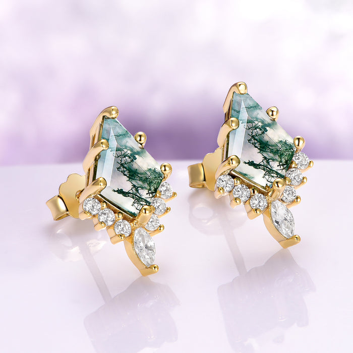 Skye Kite® Green Moss Agate Stud Earrings in 14K Yellow Gold Vermeil by Aquamarise, featuring unique moss agate stones accented with sparkling gems in a delicate gold setting.