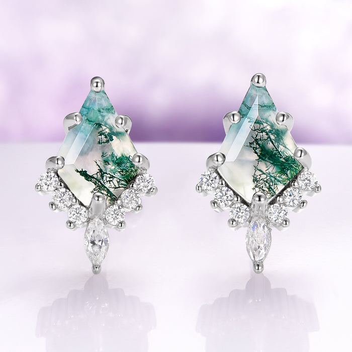 Skye Kite® Green Moss Agate Stud Earrings in Sterling Silver featuring kite-cut green moss agate gemstones with clear accents, by Aquamarise from the Skye Kite® Jewelry Collection.