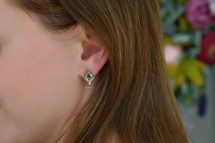 Skye Kite® Green Moss Agate Stud Earrings in Sterling Silver worn on ear, featuring vintage-inspired kite-cut green moss agate gemstone with sterling silver by Aquamarise.