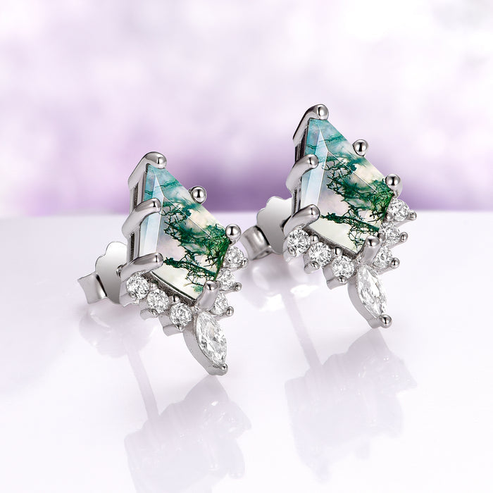 Skye Kite® Green Moss Agate Stud Earrings in Sterling Silver by Aquamarise, vintage-inspired with kite-cut moss agate and sparkling accents from the Skye Kite® Jewelry Collection.