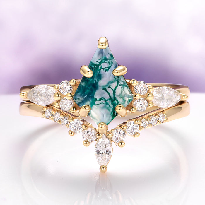 Skye Kite® Green Moss Agate & Whiskey Barrel Couples Ring Set featuring a gold band with a unique green moss agate center stone and sparkling diamond accents by Aquamarise.