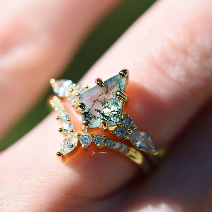 Skye Kite® Green Moss Agate & Whiskey Barrel Couples Ring Set by Aquamarise featuring nature-inspired moss agate stone with delicate gold setting and sparkling accent gemstones for matching couples.