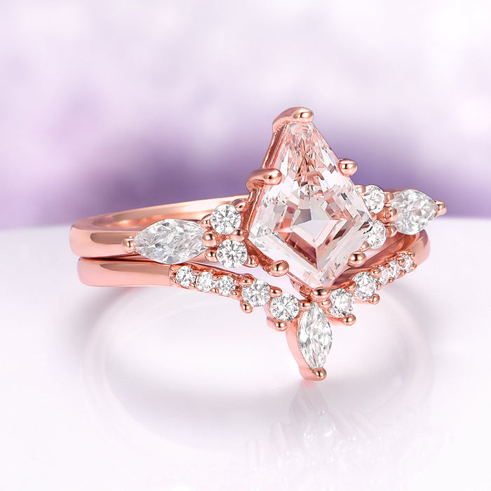 Skye Kite® Morganite Engagement Ring Set in 14K Solid Rose Gold by Aquamarise Gold, showcasing a kite-cut morganite with pear and round diamond accents on a rose gold band.