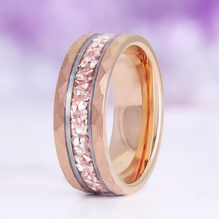 Skye Kite® Morganite Couples Ring Set by Aquamarise featuring a hammered rose gold band with crushed morganite center and polished silver accents, a unique fantasy-inspired couples ring.
