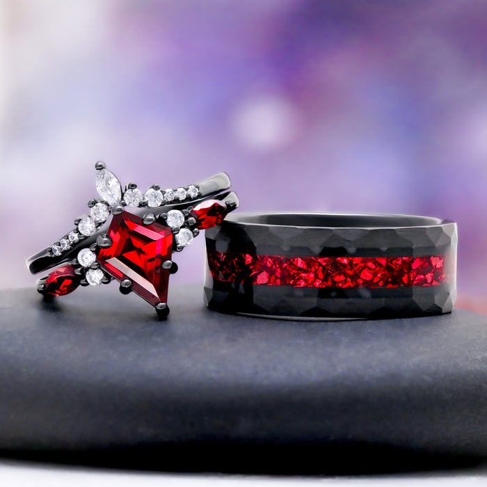 Crushed Red Garnet men's black tungsten wedding band shown as the men's half of the Skye Kite® natural garnet couples ring set by Aquamarise