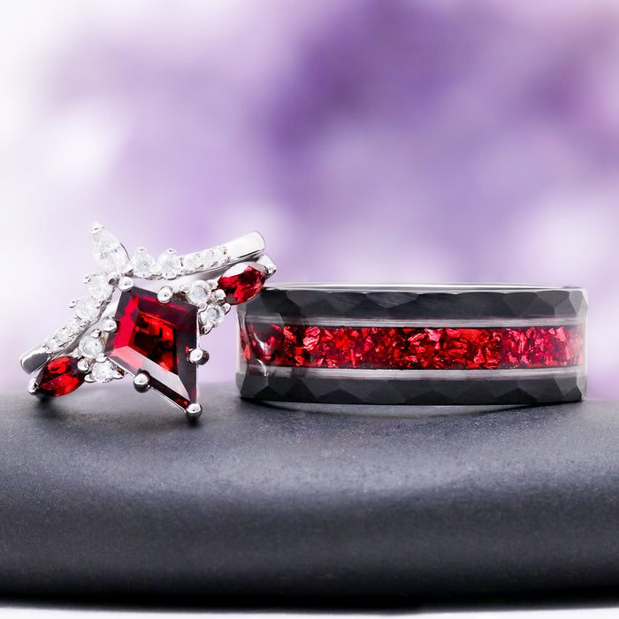 Skye Kite red garnet couples ring set — kite cut garnet ring beside a two-tone garnet inlay band