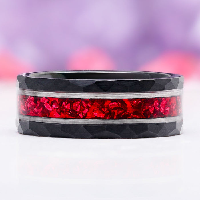 Front view of the 8mm Red Garnet men's wedding band in two tone tungsten carbide with a crushed red garnet inlay