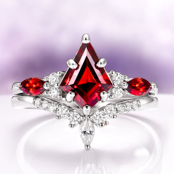 Skye Kite® Natural Red Garnet Engagement Ring Set in 14K White Gold by Aquamarise Gold, featuring a kite-shaped red garnet with diamond accents in a modern, elegant design.