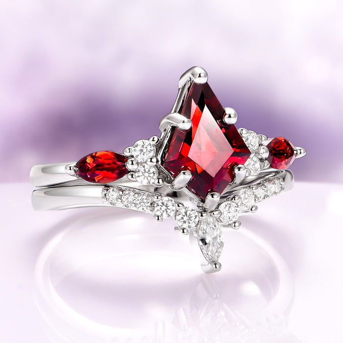 Skye Kite® Natural Red Garnet Engagement Ring Set in 14K White Gold by Aquamarise Gold, featuring a kite-shaped garnet with marquise and round diamond accents in a modern design.