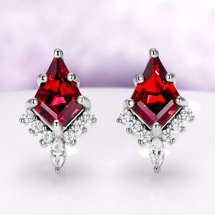 Skye Kite® Natural Red Garnet Stud Earrings in Black Ruthenium by Aquamarise, featuring kite-cut natural red garnets accented with sparkling white gemstones in an elegant black ruthenium setting, part of January Birthstone Jewelry and Skye Kite® Jewelry Collection.