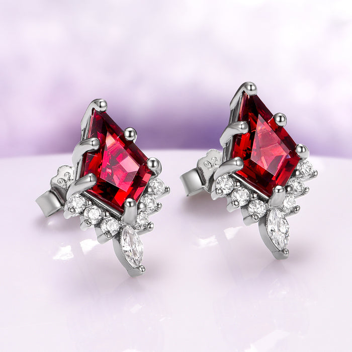 Skye Kite® Natural Red Garnet Stud Earrings in Black Ruthenium by Aquamarise, featuring kite-cut red garnets accented with sparkling white stones in a black ruthenium setting, part of January Birthstone Jewelry and Skye Kite® Collection.