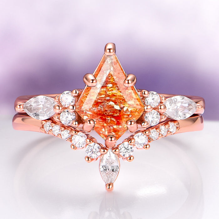 Skye Kite® Natural Sunstone Ring Set in 14K Rose Gold Vermeil by Aquamarise, featuring a radiant kite-cut sunstone with sparkling marquise and round accents.