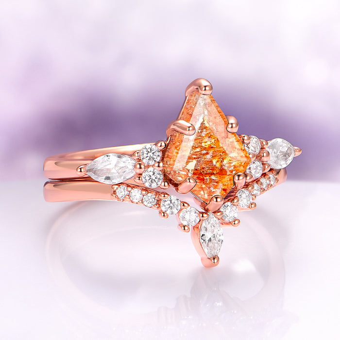 Skye Kite® Natural Sunstone Ring Set in 14K Rose Gold Vermeil by Aquamarise, featuring a radiant kite-cut sunstone with marquise and round white stone accents in rose gold setting.