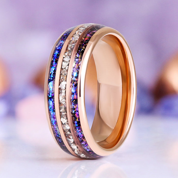 Orion Nebula® & Crushed Diamond Men's Wedding Band in Rose Gold Tungsten (8mm) – side profile view