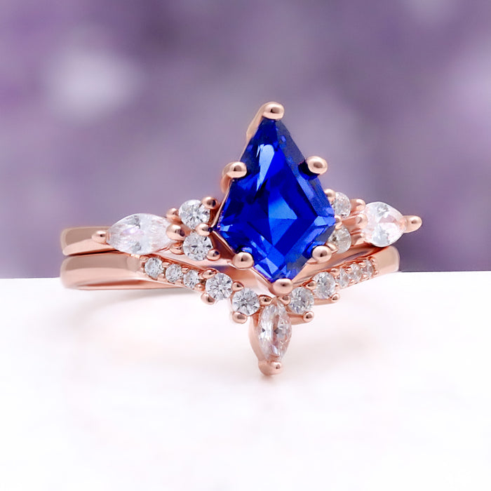 Skye Kite® Cornflower Sapphire Kite Engagement Ring Set- 14K Solid Rose Gold – close-up detail