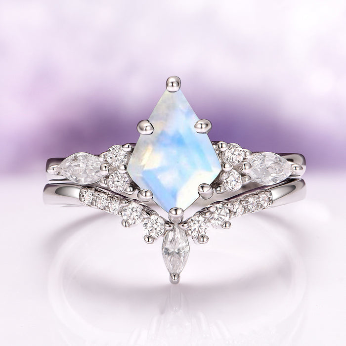 Skye Kite® Rainbow Moonstone Engagement Ring Set in 14K White Gold by Aquamarise Gold, featuring a kite-shaped moonstone center with sparkling diamond accents in a white gold setting.