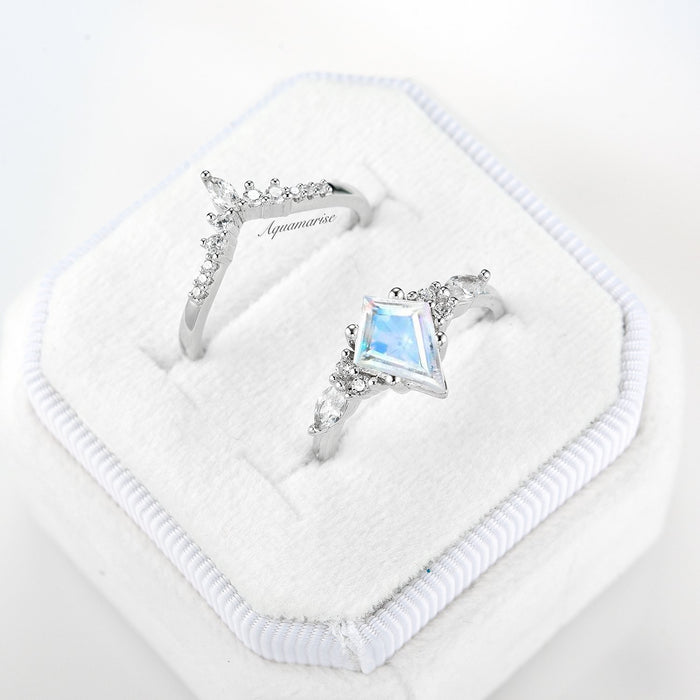 Skye Kite® Rainbow Moonstone Engagement Ring Set in 14K White Gold by Aquamarise Gold, featuring a kite-shaped moonstone with delicate diamond accents in an elegant white gold setting.