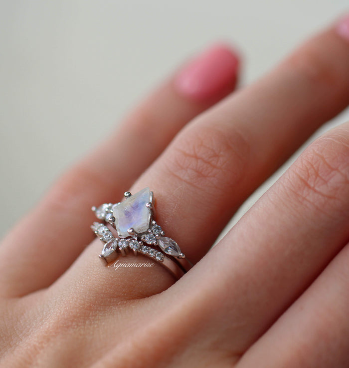Skye Kite® Rainbow Moonstone Engagement Ring Set in 14K White Gold by Aquamarise Gold, featuring a kite-shaped moonstone with delicate marquise and round diamond accents on a white gold band.