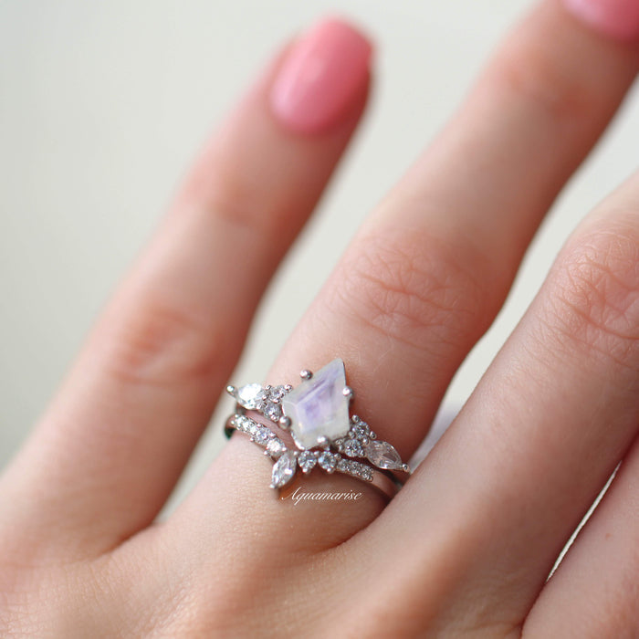 Skye Kite® Rainbow Moonstone Engagement Ring Set in 14K White Gold by Aquamarise Gold, showcasing a kite-shaped moonstone with diamond accents in a white gold band.
