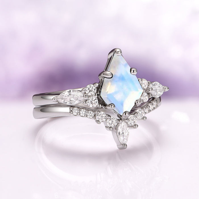 Skye Kite® Rainbow Moonstone Engagement Ring Set in 14K White Gold by Aquamarise Gold, featuring a kite-shaped opalescent moonstone and marquise diamond accents on elegant white gold bands.