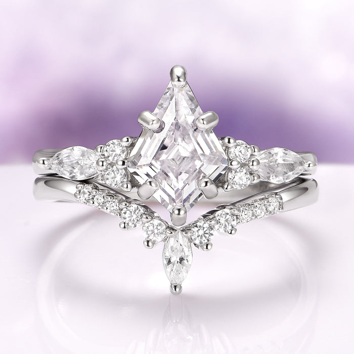 Skye Kite® Lab-Grown Diamond Engagement Ring Set in 14K White Gold (IGI Certified) by Aquamarise Gold featuring a kite-cut center diamond with marquise and round white stones on a delicate white gold band.