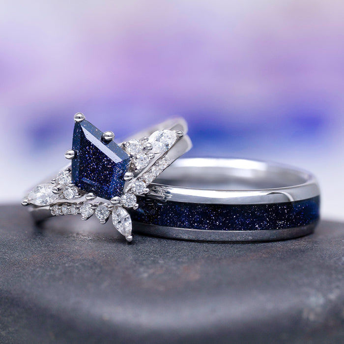 Skye Kite® Starry Night Engagement Ring Set in 14K White Gold by Aquamarise Gold, featuring a sparkling dark blue kite-cut stone and matching band with celestial-inspired accents.