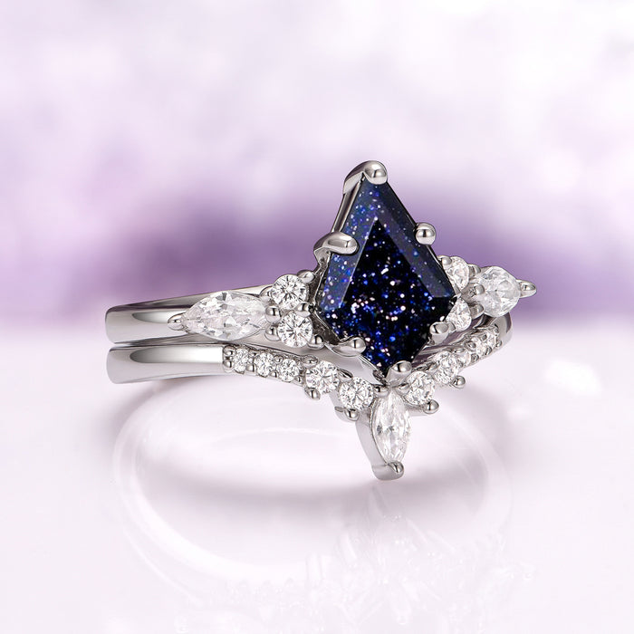Skye Kite® Starry Night Engagement Ring Set in 14K White Gold by Aquamarise Gold, featuring a dark blue kite-shaped center stone with sparkling diamond accents in a celestial-inspired design.