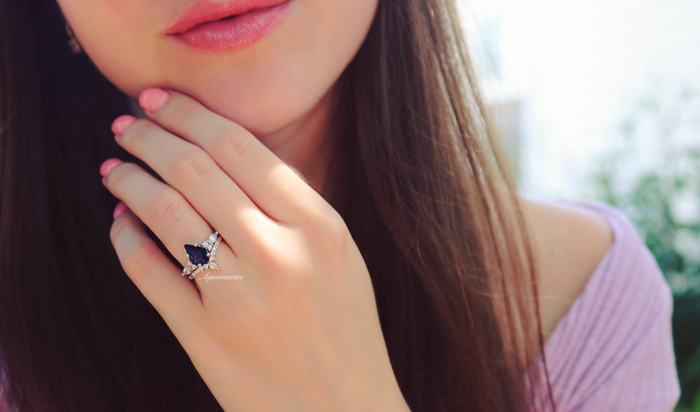 Skye Kite® Starry Night Engagement Ring Set in 14K White Gold by Aquamarise Gold, featuring a deep blue kite-shaped gemstone with diamond accents on a delicate inspired design.