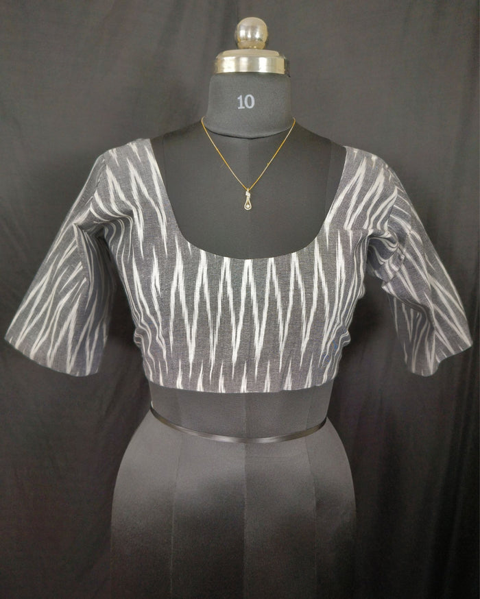 Pure Cotton Blouse Gray Color Ikkat Design - IndieHaat