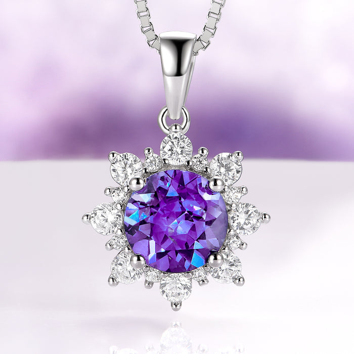 Snowflake Alexandrite Necklace in Sterling Silver featuring a lab-grown alexandrite gemstone surrounded by sparkling clear stones, from Aquamarise's June Birthstone Jewelry collection.